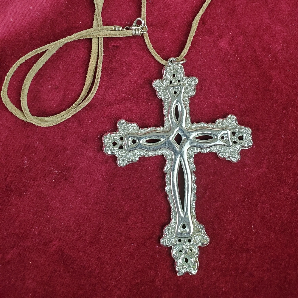 Boho Cross 30" rawhide ornate necklace religious